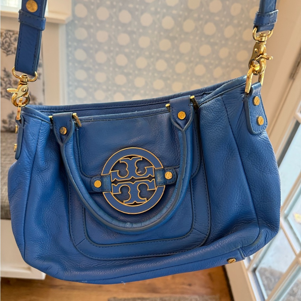 Tory Burch Blue and Gold Shoulder Bag with Slouchy Design